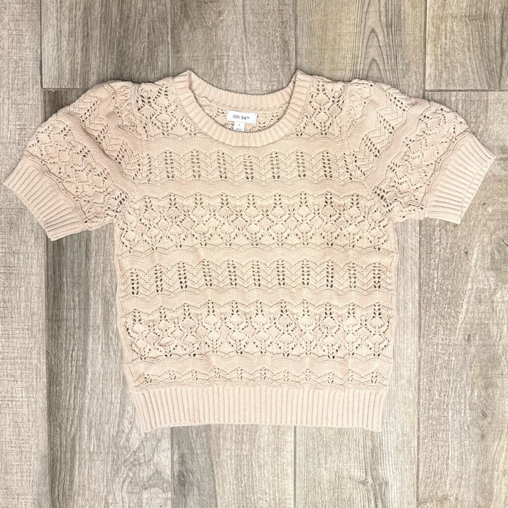 On 34th Short-Sleeve Cotton Blend Knit Sweater Blush Pink Size Large Like New
